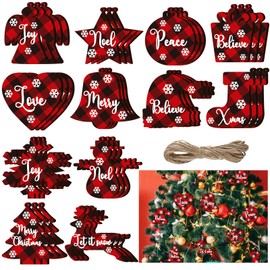 36 Pieces Christmas Buffalo Plaid Ornaments Christmas Tree Wooden Hanging Decor Black and Red Wooden Christmas Ornaments Reindeer Snowman Plaid Christmas Tree Decorations(Multiple Style)