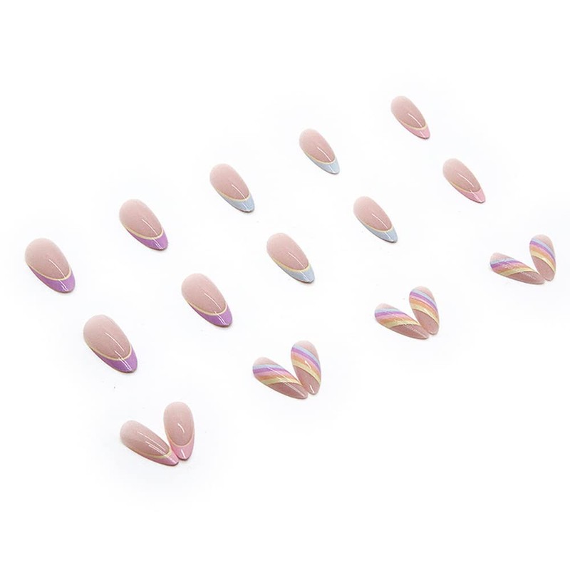 False Nails for Sticking, Rainbow Press On Nails Almond Long