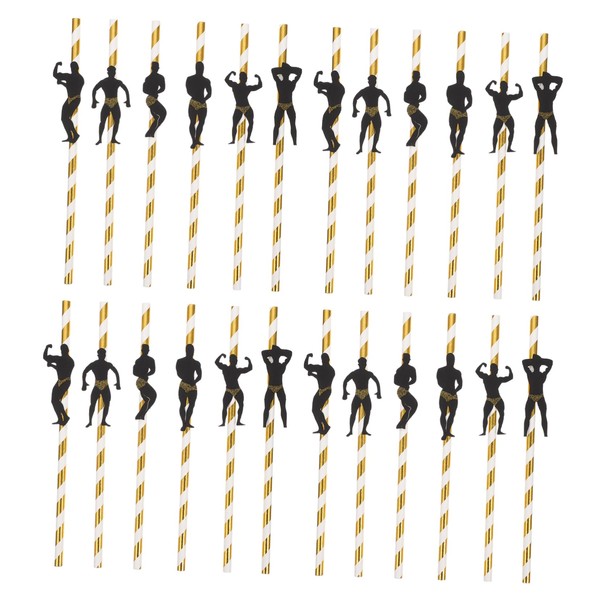 PACKOVE 36Pcs Gold Paper Straws with Funny Muscular Male Design