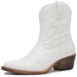 GLOBALWIN Women's White Cowgirl Boots Mid Calf Western Boots With Embroidery Side Zipper Chunky Heel Size 8.5M