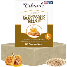Erbaid- Jabón en barra con leche de cabra, avena y miel de cactus, 4 oz jabón en barra natural para mujeres, hombres y niños, piel con picazón, E     