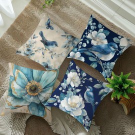 Spring Decor Cushion Covers 45x45cm Set of 4 for Living Room Boho Farmhouse Velvet Throw Pillow Covers Bird Flower Prints Pillow Cases for Sofa Bed Garden Outdoor Botanical Art Pillowcases Decorative