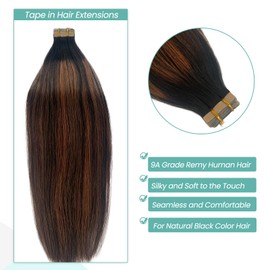 Tape in Hair Extensions Balayage Natural Black to Light Blonde Real Hair Extensions for Women 14 Inch 50Gram Double Sided Skin Weft Black and Blonde Human Hair Tape in Extensions