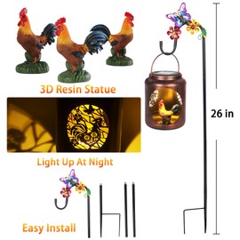 Solar Lanterns Outdoor Waterproof Metal Rooster Patterns with Resin Rooster Inside Garden Decor Gifts for Women Mom Grandma Hanging Solar Lights Decoration Outside for Yard, Patio, Backyard, Porch