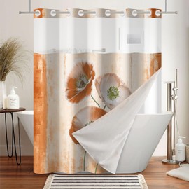 NAEMBCU No Hook Floral Shower Curtain and Liner Set - Spring Orange Poppy Flower Pattern, Modern Waterproof Fabric Bath Curtain for Farmhouse Bathroom, Hotel Decor, Breathable Mesh Top, 71x74inch