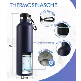 FEIJIAN Trinkflasche Edelstahl 1L mit Karabiner - auslaufsicher Thermosflasche für Kohlensäure Kaffee Tee, BPA-Frei Sport Outdoor Wasserflasche für Sprudel Uni, Schule, Camping, Fahhrad