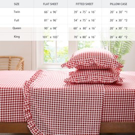kisswish Gingham Queen Sheet Set, Lightweight Super Soft Brushed Microfiber Plaid Bed Sheets with 16" Deep Pocket, 4 Piece Ruffle Farmhouse Bedroom Decor, Red