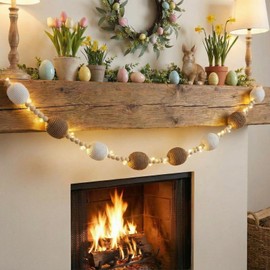 Marsui 6.56 ft Easter Egg Garland Wooden Beads Easter Garland with String Lights Linen Paper Woven Egg Natural Farmhouse Bunting Banner Spring Hanging Decoration for Mantel Fireplace Shelf Wall Indoor