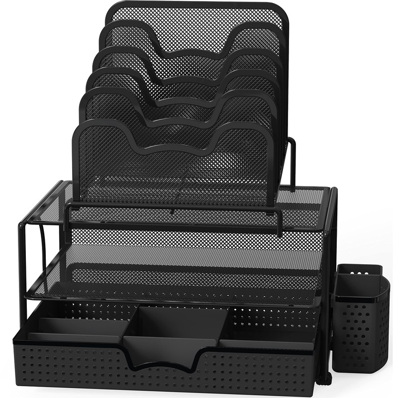 Simple Houseware Mesh Desk Organizer with Sliding Drawer, Double Tray