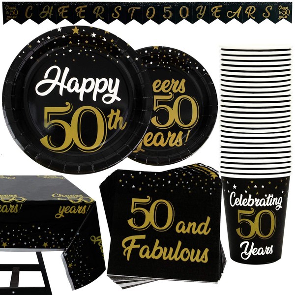 202 Piece 50th Birthday Decorations Set With Pre-Strung Banner, Plates, Cups, Napkins, Tablecloth, Full Set of Cutlery, and Balloons, 50th Birthday Party Supplies for Men And Women, Serves 25