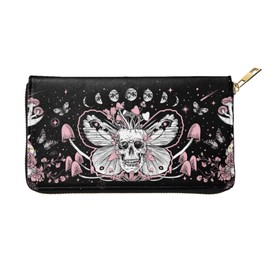 YISHOW Hippie Mushroom Skull Wallet Slim Thin Leather Purse Wallet With Zip Around Clutch Casual Handbag For Phone Key Credit Cards