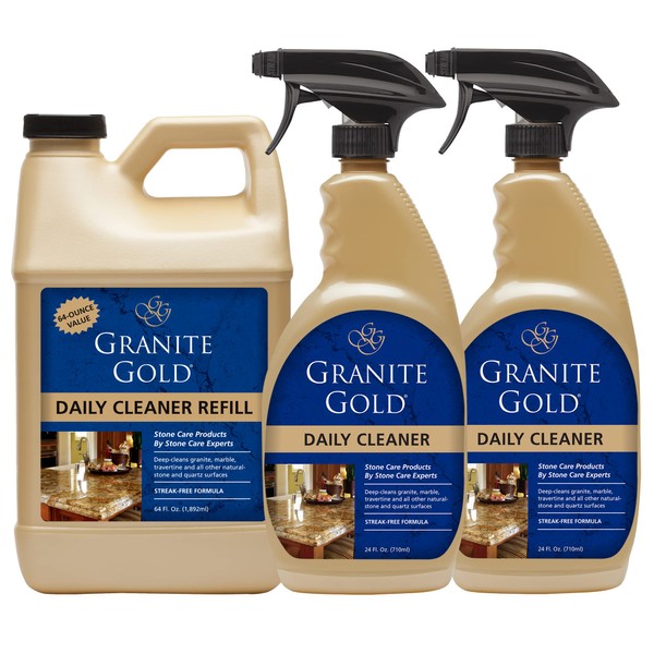 Granite Gold Daily Cleaner Spray Streak-Free Cleaning for Granite, Marble, Travertine, Quartz, Natural Stone Countertops, and Floors, 1 x 64 Fl. Oz. & 2 x 24 Fl. Oz., 3-Pack