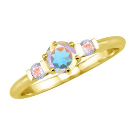 Silvershake 3-Stone 5MM Petite Genuine Round Shape Mercury Mist Aurora Borealis (AB) Topaz 14K Yellow Gold Plated 925 Sterling Silver Promise Gemstone Ring Jewelry for Women or Teens Size 5, 5,