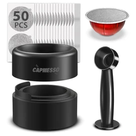 CAPMESSO Reusable Vertuoline Pod Refill Kit, 2024 Innovative for Faster Seal Reusable Vertuoline Pods with Fill & Press Brush,50pcs Aluminum Lids for Vertuoline Pod (50 Lids+1 Holder+1 Scoop)-NO PODS