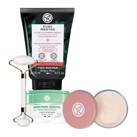 YVES ROCHER - Kit Rutina de Skincare Piel Mate, Incluye Limpiador Facial, Crema Facial para Imperfecciones, Rodillo Facial y Polvo Traslucido Ideal pa