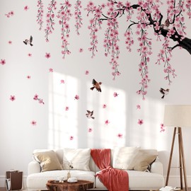 Lilacanthara Large Cherry Blossom Tree Wall Stickers,4 Sheets Spring Pink Flower Bird Wall Decals Peel and Stick Waterproof Wall Murals Decor for Living Room Bedroom (Pink, 11.8 * 35.4inch)