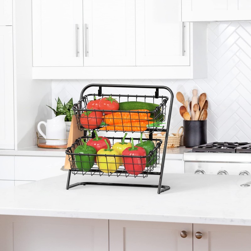 Simple Houseware 2-Tier Rigid Wire Market Basket Stand, Black