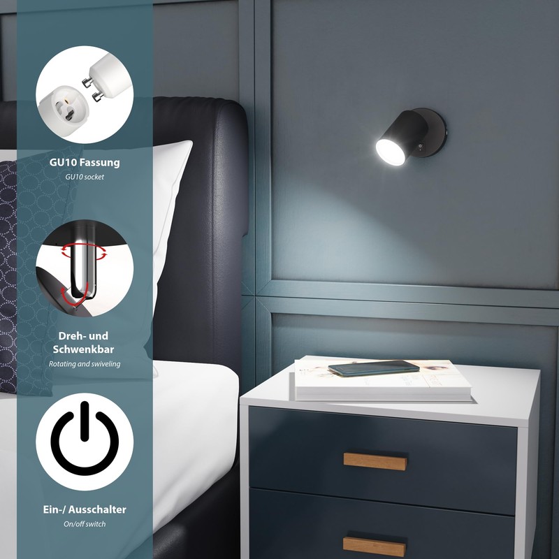 ledscom.de Wall spot WAIKA, Single-lamp, with Switch, GU10, Black matt,