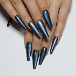 Long Press on Nails - Blue Cat Eye Fake Nails | Handmade Glossy,Glitter,Reusable Acrylic Nails,Coffin Shaped False Nails | 12 Sizes - 24 Nail Kit with Jelly Glue