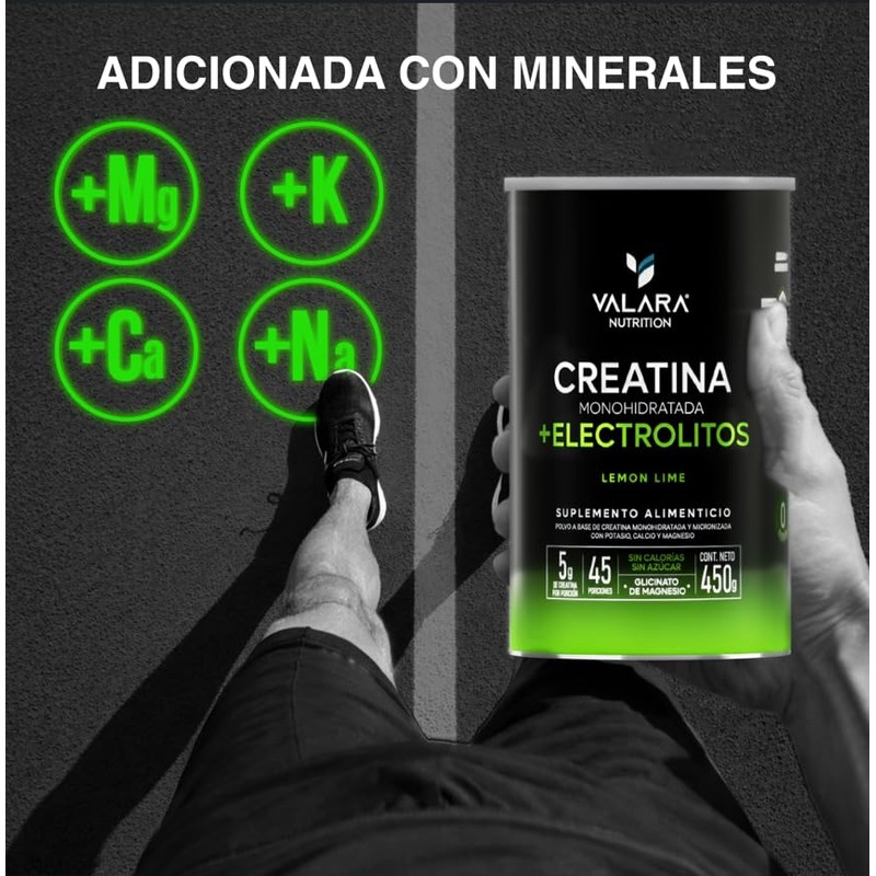 VALARA Creatina Monohidratada Adicionado Con Electrolitos En Polvo Limón