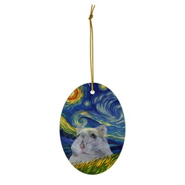 Whimsical Night Sky Grey Hamster Christmas Ornament White Oval Ceramic - Impressionist Pet Portrait Memorial Keepsake Gifts for Hamster Lovers