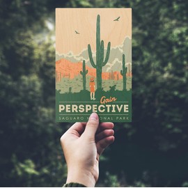 Saguaro National Park, Arizona, Gain Perspective, Vector Style (4x6 Birch Wood Postcards, 2-Pack Stationary, Rustic Home Wall Decor)