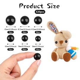 320pcs Crochet Eyes for Animals Sew On Safety Eyes Plastic Mushroom Domed Sewing Crafting Eyes Round Buttons Black 8mm to 15mm Flatback Button Beads for DIY Bear Stuffed Animals Crochet Making