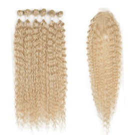 DÉBUT 30 Inch Synthetic Hair Bundles Water Wave 6 Bundles with Closure High Temperature Weaving Hair Extensions 290g for Full Head Heat Resistant Deep Curly Hair 7PCS 613 Blonde