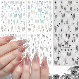 6 Sheet Butterfly Nail Art Stickers Decals,Black Silver Holographic 3D Nail Butterfly Nail Transfer Decal Acrylic Supplies Laser Nail Self-Adhesive Sticker Designs for Women Manicure Tips Decorations