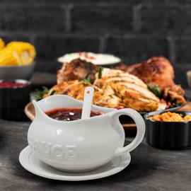 24 Oz Gravy Boat, Tray and Ladle | Ceramic White Gravy Dish With The Word "Sauce" On It