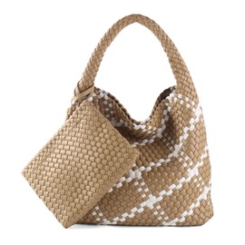 LIKEBAG Woven Bag for Women Vegan Leather Tote Bag Large Summer Beach Travel Handbag and Purse Retro Handwoven Shoulder Bag (Apricot-W)