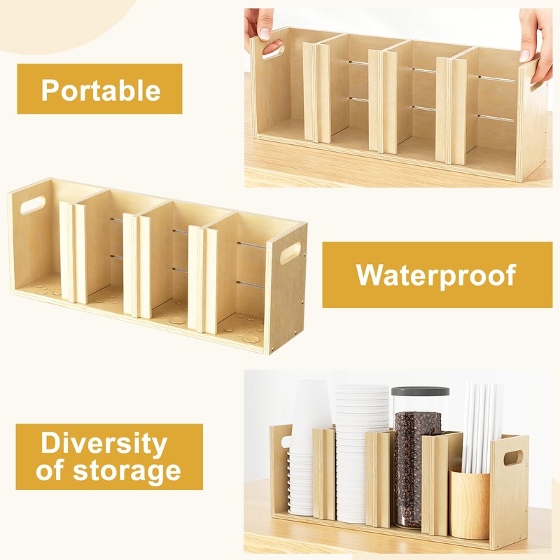 Sawjut Wood Cup Lid Organizer 4 Compartments with Adjustable Dividers
