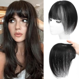 Amchoice Hair Toppers for Women Real Human Hair, Bangs Hair Clip 360° 3D Cover Bangs, Human Hair Toppers for Women Daily(Black, 3D Wispy Bangs (5 * 9))