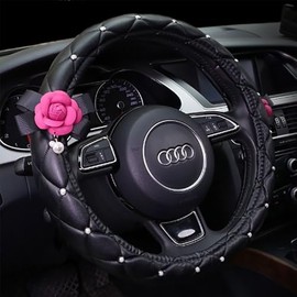 Surla Women's Fashion Personality Car Steering Wheel Cover Camellia Diamond Pearl (Red)