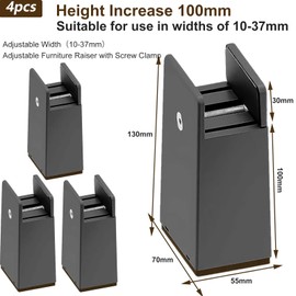 SciFiVisi Set of 4 Furniture Raisers, 10 cm, Adjustable Table Raiser, Chair Raiser, Bed Raiser, Furniture Raiser, Sofa Raiser, Table Raiser, Bed Raiser for 10-37 mm Width, Square Furniture Risers