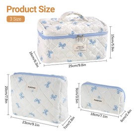 Mulaibdin 3 STK Kosmetiktasche Reise, Kulturtasche Damen Set, Schminktasche Organizer Gesteppt, Make Up Taschen Aesthetic, Tragbar Cosmetic Bag, Cute kulturbeutel für Frauen Geschenk (Blau Schleife)