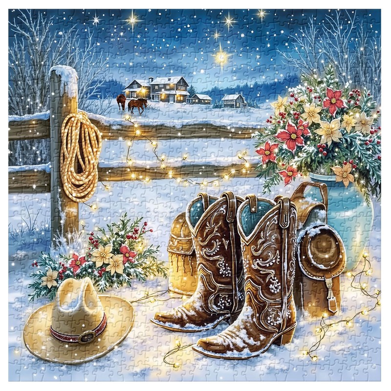 Winter Country Puzzles for Adults 1000 Pieces, Snowy Cowboy Boots