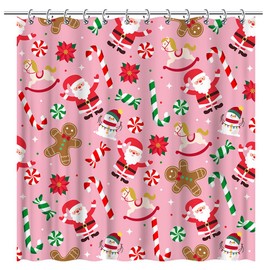 Tcoyodw Christmas Gingerbread Man Santa Claus Pink Shower Curtain 72" x 72" Candy Cane Snowman Pattern Santa Party Decorations Waterproof Fabric Bathroom Curtain with 12 Hooks