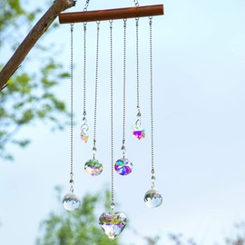 H&D HYALINE & DORA Crystal Rainbow Heart Suncatcher Glass Mobile Wind Chime Hanging Wall Art Ornament with Wooden Decor