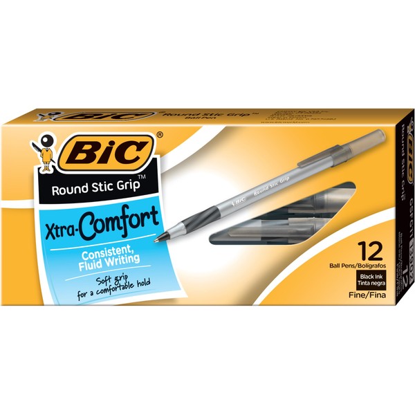 BIC Round Stic Grip Extra Comfort Black Fine Ballpoint Pens,