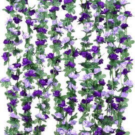 Fezaphy 5 Pack Artificial Flower Garlands 40FT Fake Rose Vines Purple Silk Flowers Hanging Roses Garlands Ivy for Wedding Arch Party Home Garden Table Wall Decor