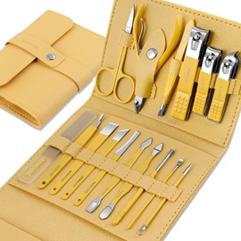 Leipple Maniküre Set Professionelles Nagelknipser Kit Pediküre Kit -16 stücke Pflegeset aus Edelstahl Nagelpflege Werkzeuge mit luxuriöser Leder Reisetasche（Gelb）