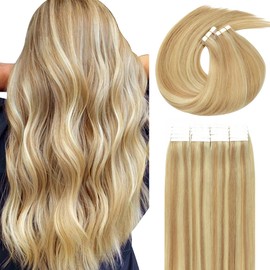 Lacer Extensiones de cabello humano con cinta adhesiva de 18 pulgadas, 100 g, 40 unidades, extensiones de cabello rubio dorado a rubio platino, cabello humano real con cinta adhesiva en cabello liso