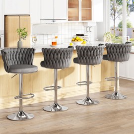 AWQM Velvet Bar Stool Set of 2,Counter Height Barstools Adjustable Kitchen Island Chairs,Swivel Bar Stool Upholstered Bar Chairs Counter Stool with Back & Footrest, Grey
