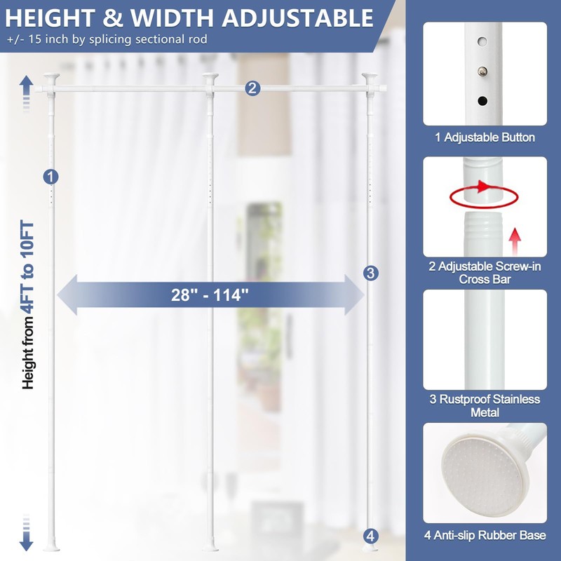 Room Divider, No Drilling Curtain Rod for Room Separation, 4-10ft