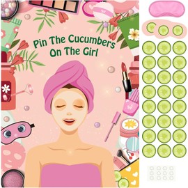 PLULON Spa Party Game for Girls Party, Pin The Cucumber on The Girl Spa Game Poster for Kids Girl Spa Birthday Makeup Sleepover Slumber Party Supplies Women Party Decor