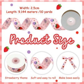 Pastel Red and Blue Strawberries with Polka Dot on Pink Background Grosgrain Ribbon, 2.5cm x 10 Yards Fruits Ribbon for Spring and Summer Wreaths, Crafts, Trims, Hair Bow Making