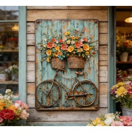 Vintage Floral Bicycle Metal Sign Rustic Farmhouse Daisy Floral Wildflowers Tin Signs Flower Still Life Bike Aluminum Wall art for Home Garden Patio Farm Yard Bar Bathroom Decor 8x12 Inch