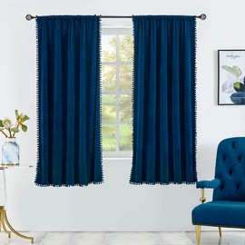 Treatmentex Pom-Pom Blue Velvet Curtains for Living Room 63" Luxury Room Darkening Cotton Feel Soft Classic Navy Royal Blue Window Curtain Panels 2PC