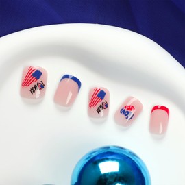 4th of July Press on Nails Short Square Fake Nails with American Flag & Star Designs Red Blue White French Tip Nails Press ons Nude Pink Full Cover Independence Day Stick on Nails for Women 24Pcs